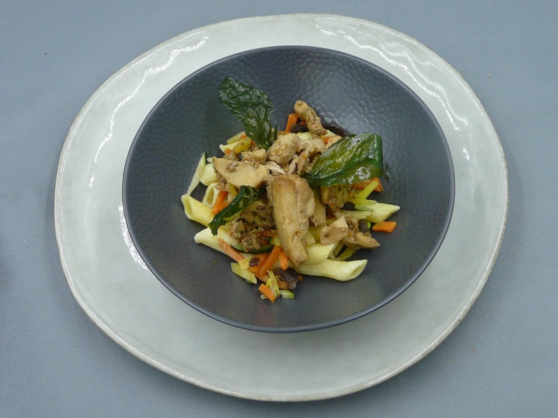 Emincé de poulet au soja et  sésame, Nouilles et légumes Thaï